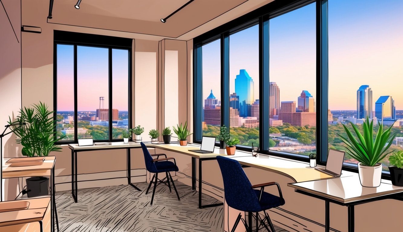 A cozy co-working space in Austin, with modern desks, plants, and large windows overlooking the city skyline