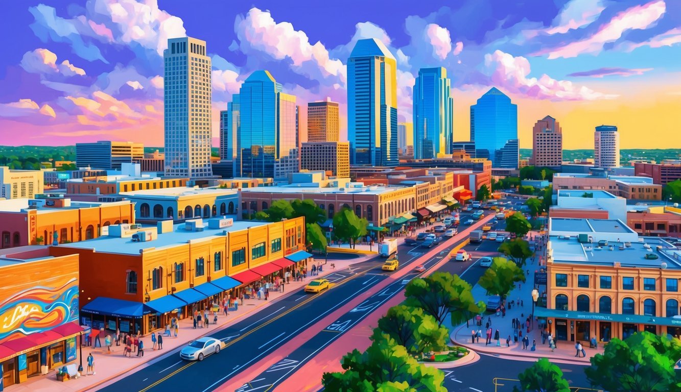 A bustling cityscape with modern skyscrapers, vibrant street art, and bustling cafes, capturing the dynamic energy of Austin for digital nomads