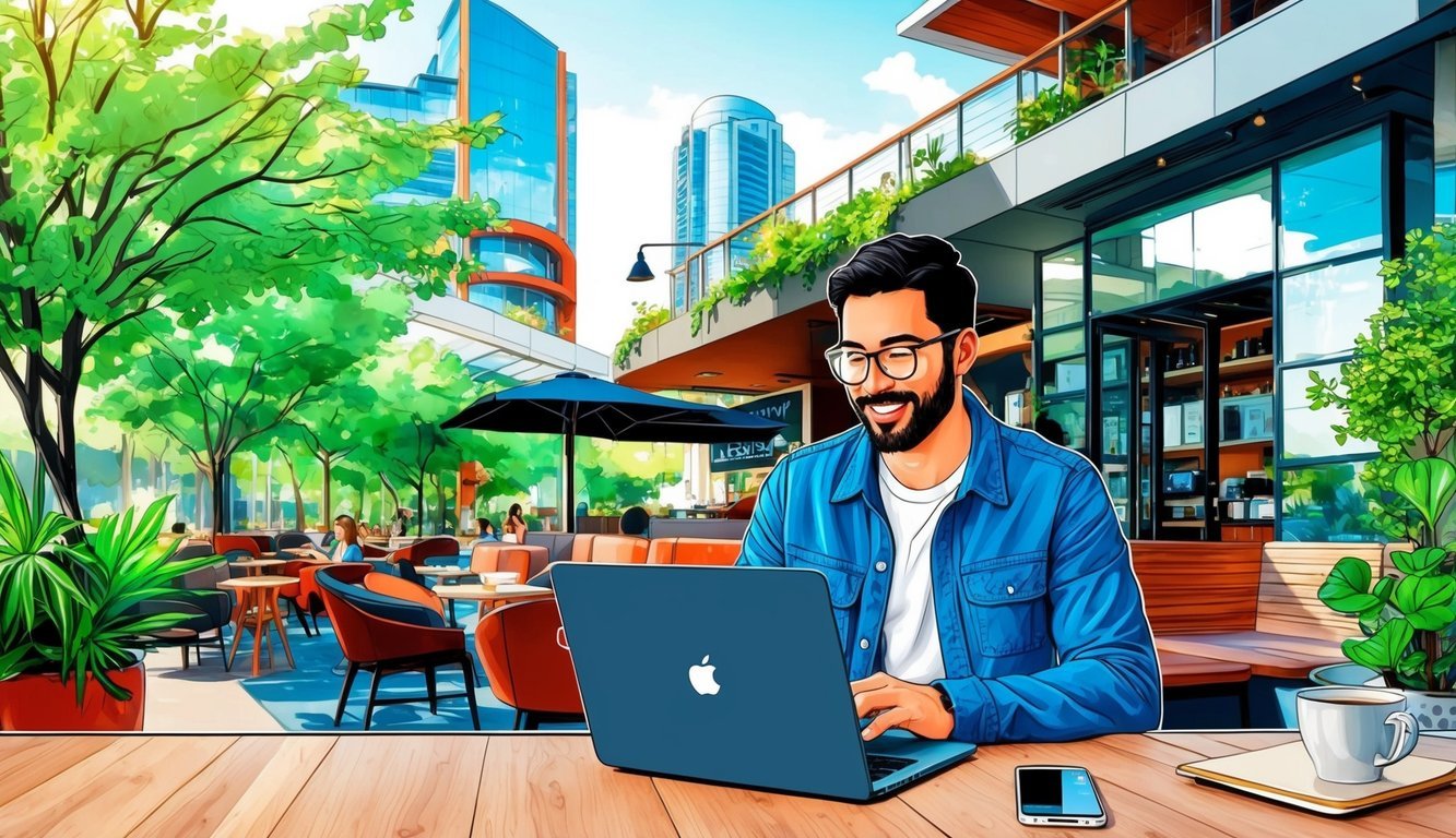 A digital nomad works on a laptop at a trendy coffee shop in Austin, surrounded by lush greenery and modern architecture
