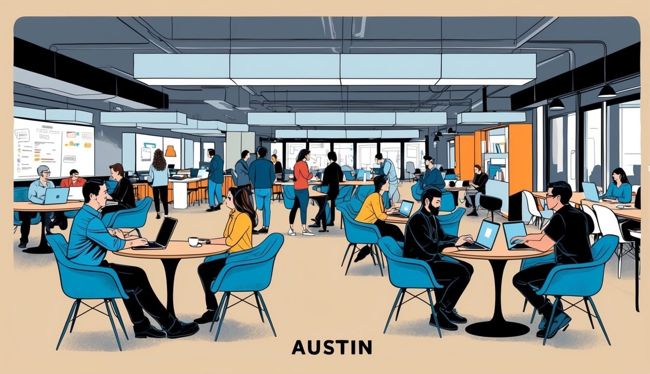 A bustling co-working space in Austin, with individuals working at communal tables, engaging in conversation, and networking over laptops and coffee