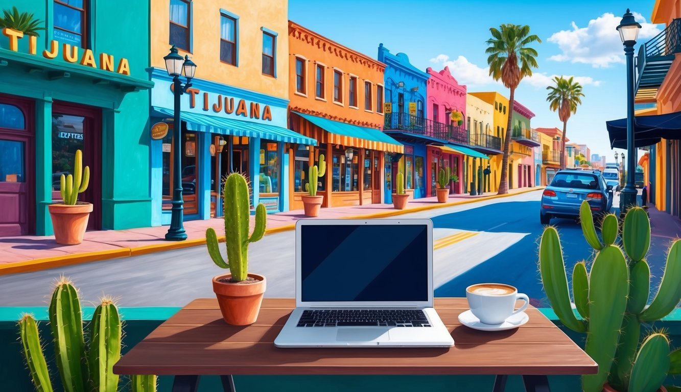 A cozy cafe in Tijuana, with a laptop, coffee, and cactus on the table, overlooking a bustling street with colorful buildings and palm trees