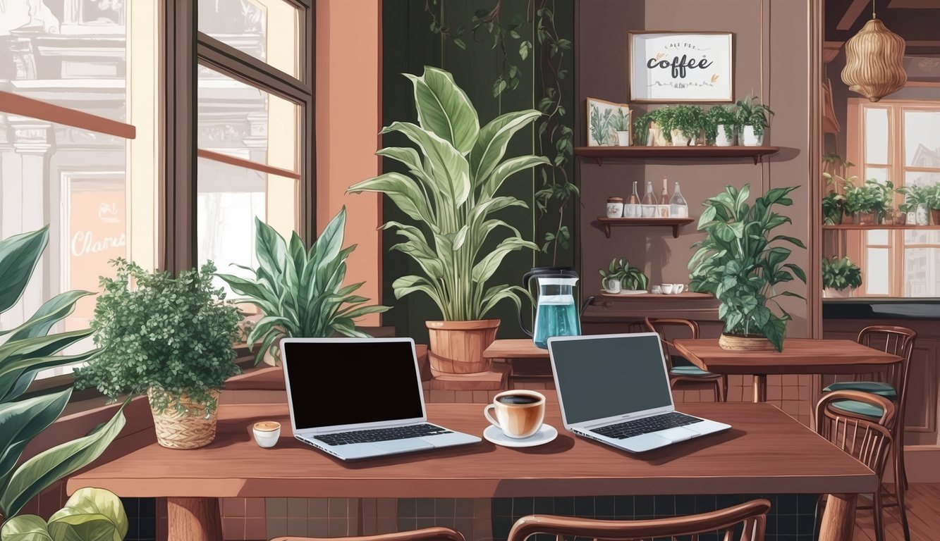 A cozy cafe with laptops, coffee, and plants