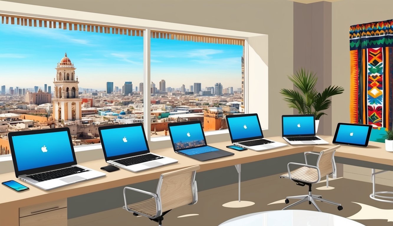 A modern workspace with laptops, tablets, and smartphones, overlooking the bustling city of Tijuana, Mexico.</p><p>The room is filled with natural light and features a mix of contemporary and traditional Mexican decor