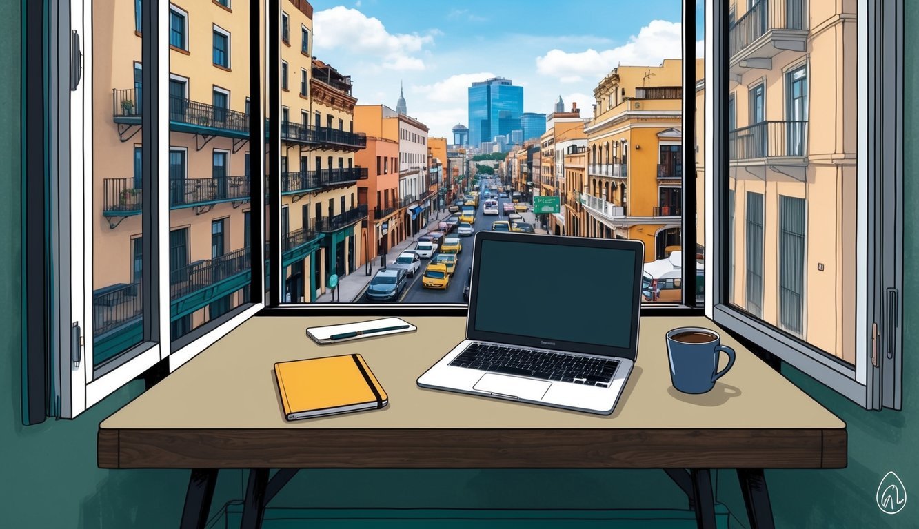 A cozy, compact workspace in a Tijuana apartment, with a laptop, notebook, and coffee mug on a desk overlooking the bustling city streets