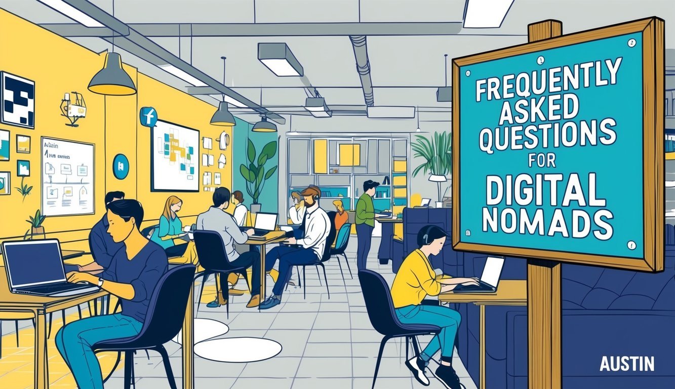 A bustling co-working space in Austin, with people working on laptops and networking.</p><p>A sign with "Frequently Asked Questions for Digital Nomads" is prominently displayed