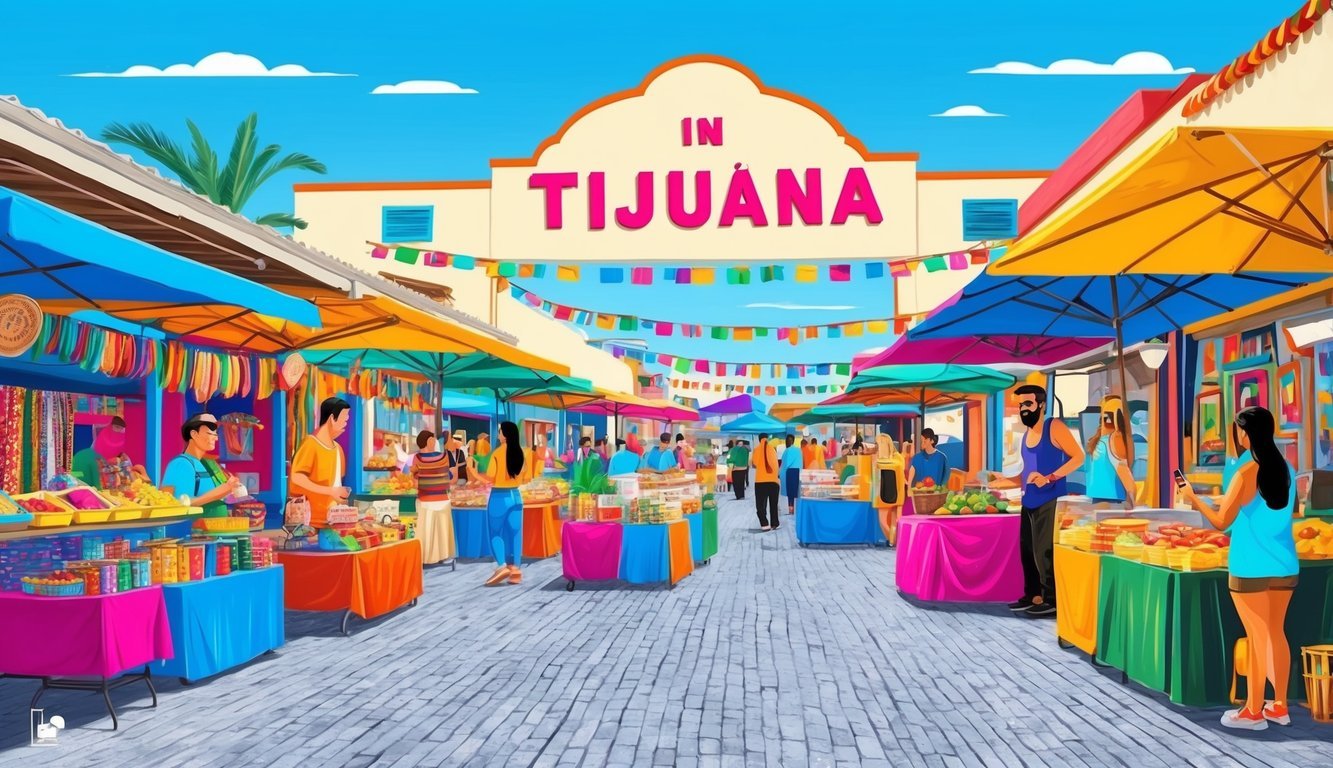 A vibrant outdoor market in Tijuana, Mexico, with colorful stalls selling handmade crafts, street food, and live music for digital nomads to enjoy