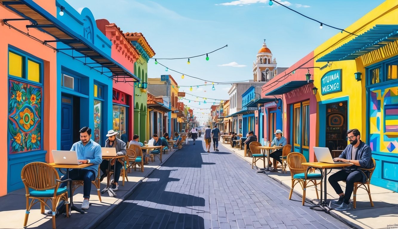 A bustling street in Tijuana, Mexico, lined with colorful murals and vibrant storefronts, as digital nomads work on laptops at outdoor cafes