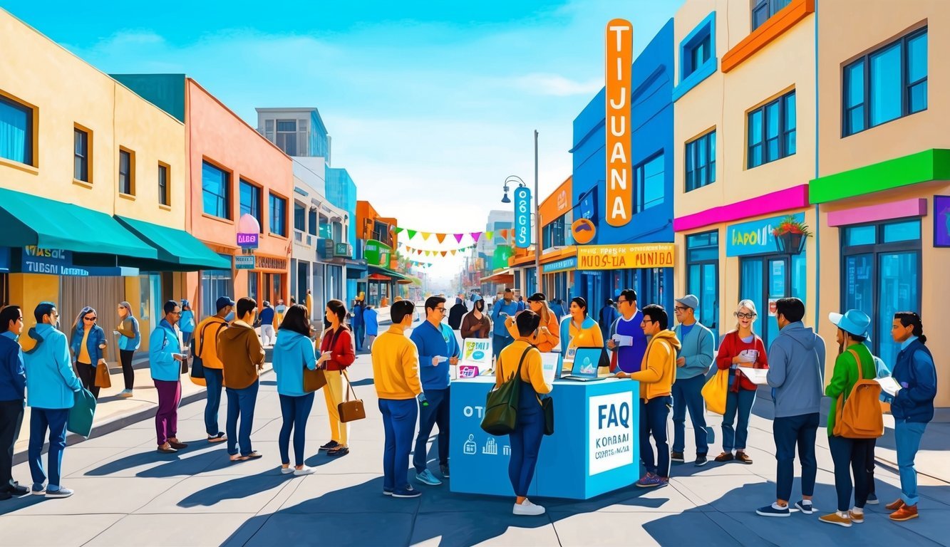 A bustling street in Tijuana, Mexico, with modern buildings and colorful signs, as digital nomads gather to ask questions at a FAQ booth