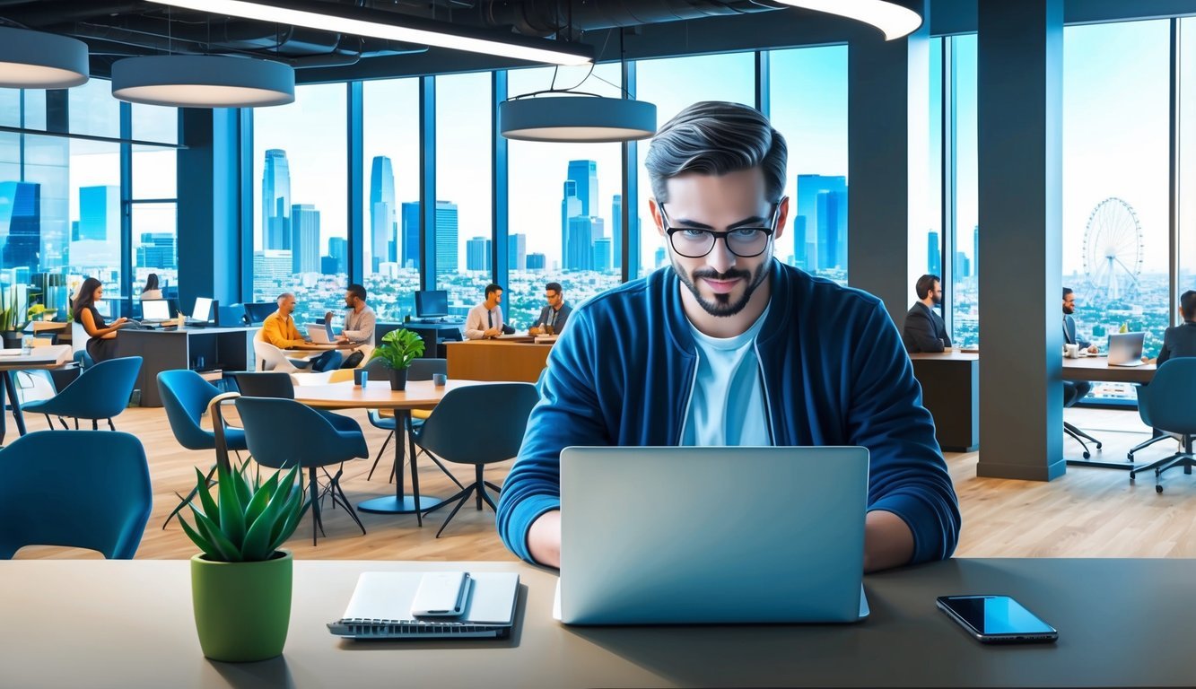 A digital nomad working on a laptop in a modern Los Angeles coworking space, surrounded by bustling cityscape and high-speed internet connectivity