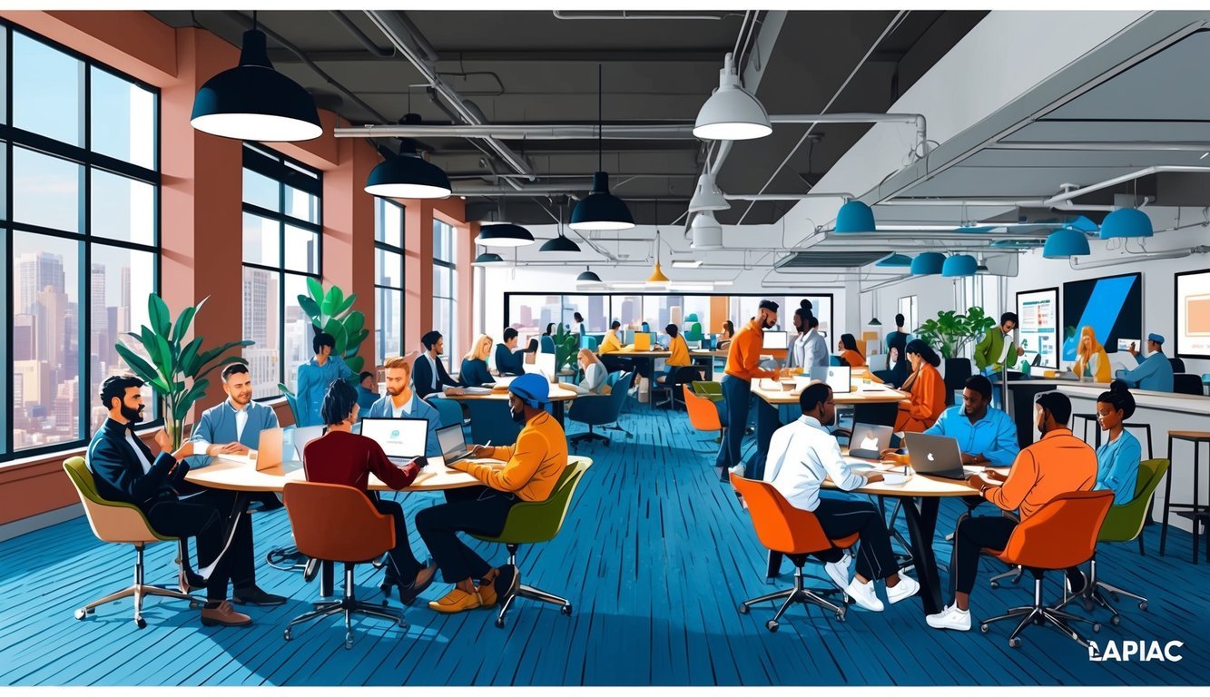 A bustling co-working space in downtown LA, filled with diverse digital nomads collaborating and networking