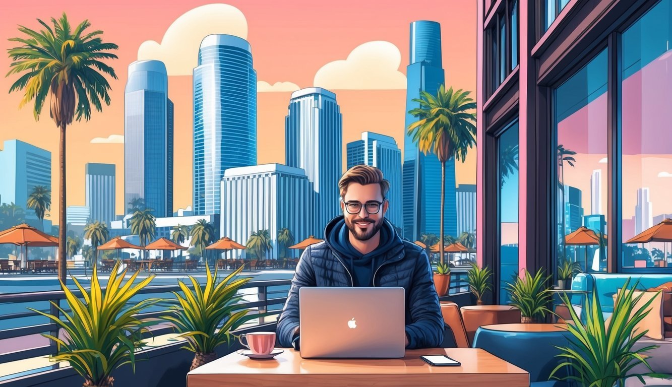 A digital nomad works on a laptop in a trendy Los Angeles cafe, surrounded by palm trees and modern skyscrapers