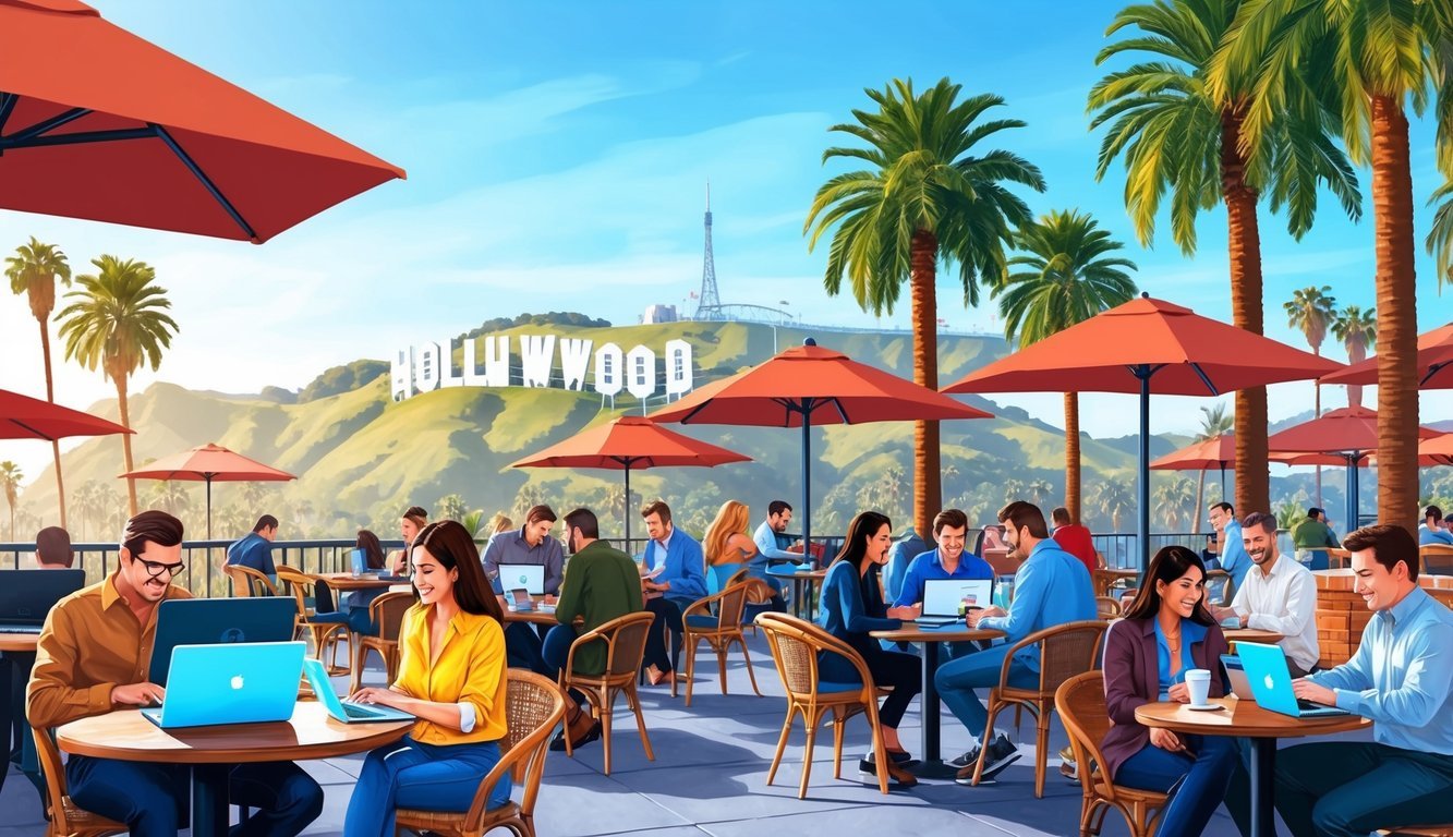 A bustling outdoor cafe with people working on laptops, palm trees, and a view of the Hollywood sign in the distance
