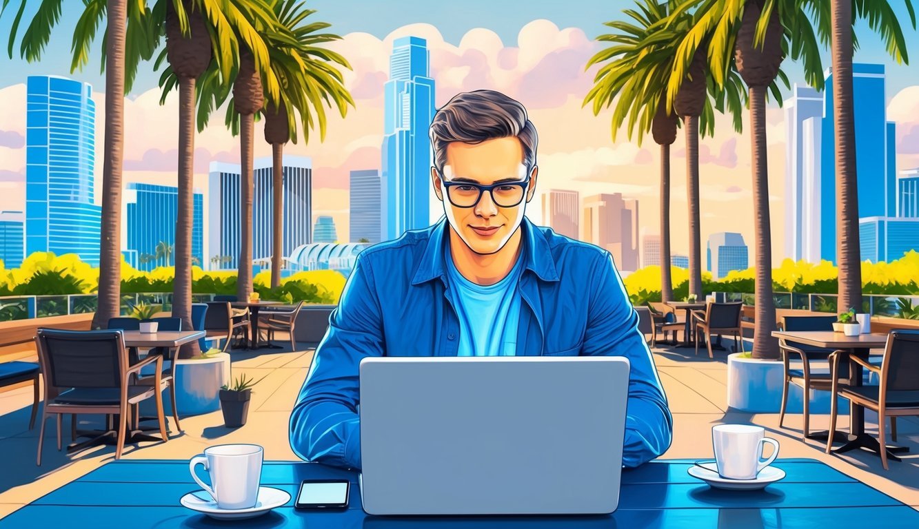 A digital nomad working at a laptop in a sunny outdoor cafe, surrounded by palm trees and modern skyscrapers in Los Angeles