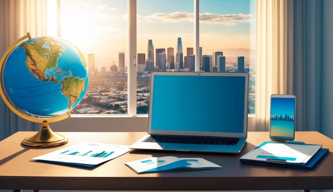A laptop with a globe and travel documents on a desk in a sunlit room with a view of the Los Angeles skyline