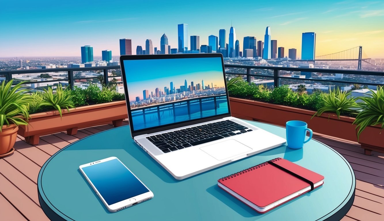 A laptop, smartphone, and notebook on a table overlooking the LA skyline from a rooftop patio