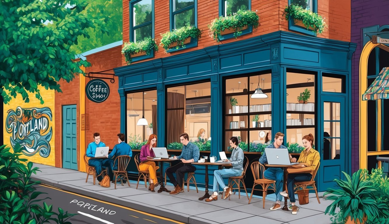 A cozy coffee shop with people working on laptops, surrounded by lush greenery and trendy street art in Portland