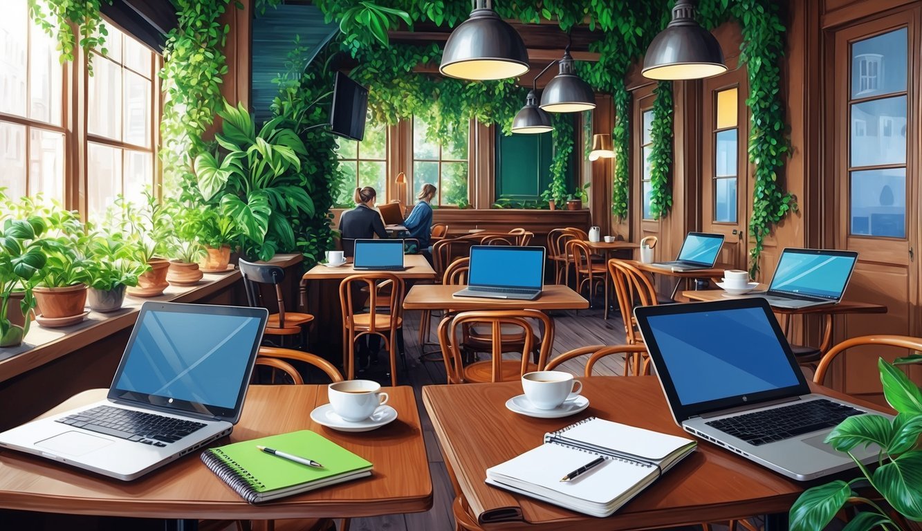 A cozy cafe with laptops and notebooks scattered across tables, surrounded by lush greenery and the hum of conversation