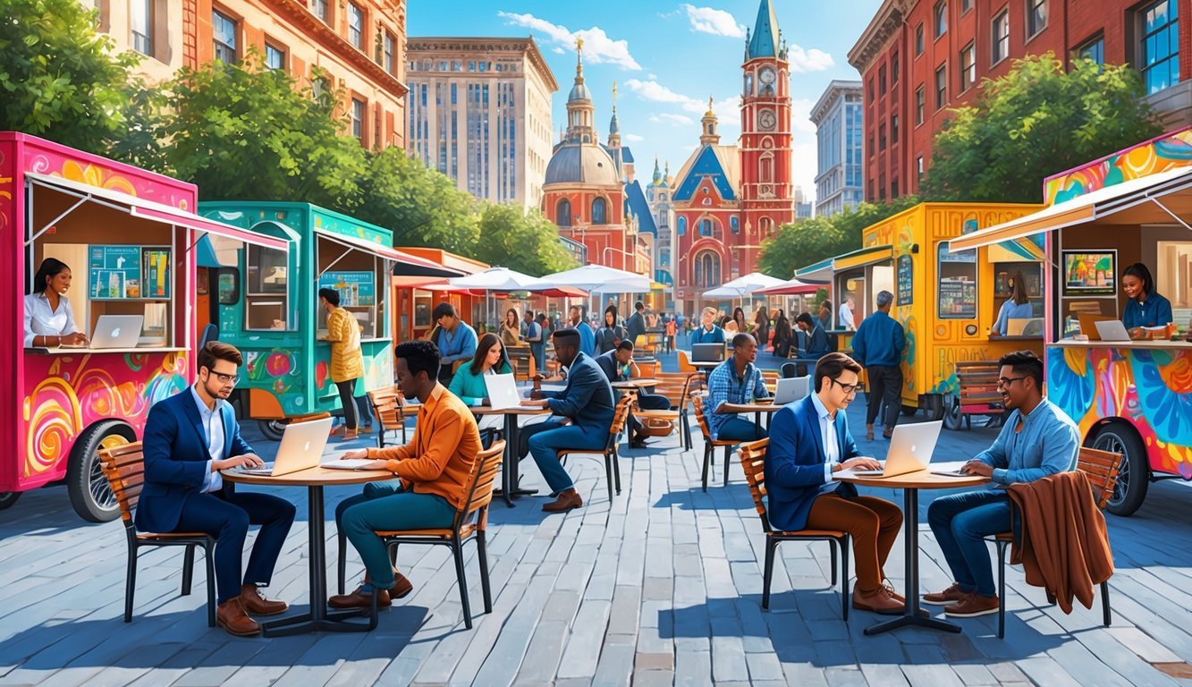 A bustling city square with diverse individuals working on laptops at outdoor tables, surrounded by colorful food carts and vibrant street art