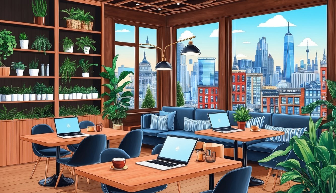 A cozy coffee shop with laptops, plants, and city skyline views