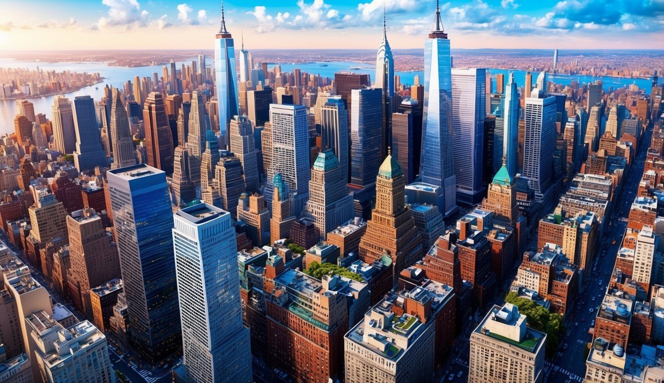 A bustling cityscape with iconic skyscrapers, bustling streets, and diverse neighborhoods, capturing the energy and vibrancy of New York City