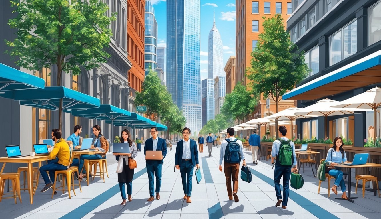 A bustling city street with skyscrapers in the background, featuring outdoor workspaces, cafes, and people walking by with laptops and backpacks