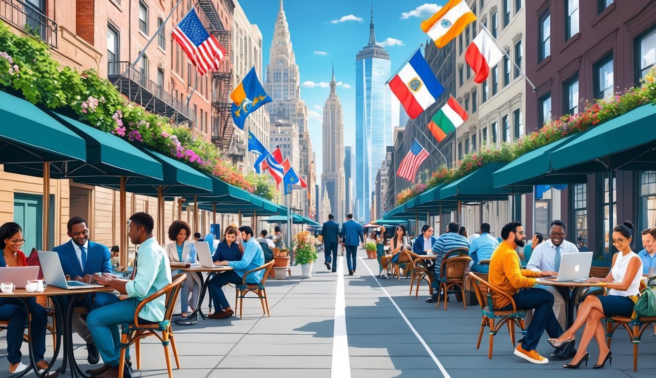 A bustling New York City street with diverse people working on laptops at outdoor cafes, with skyscrapers in the background and a mix of local and international flags flying above