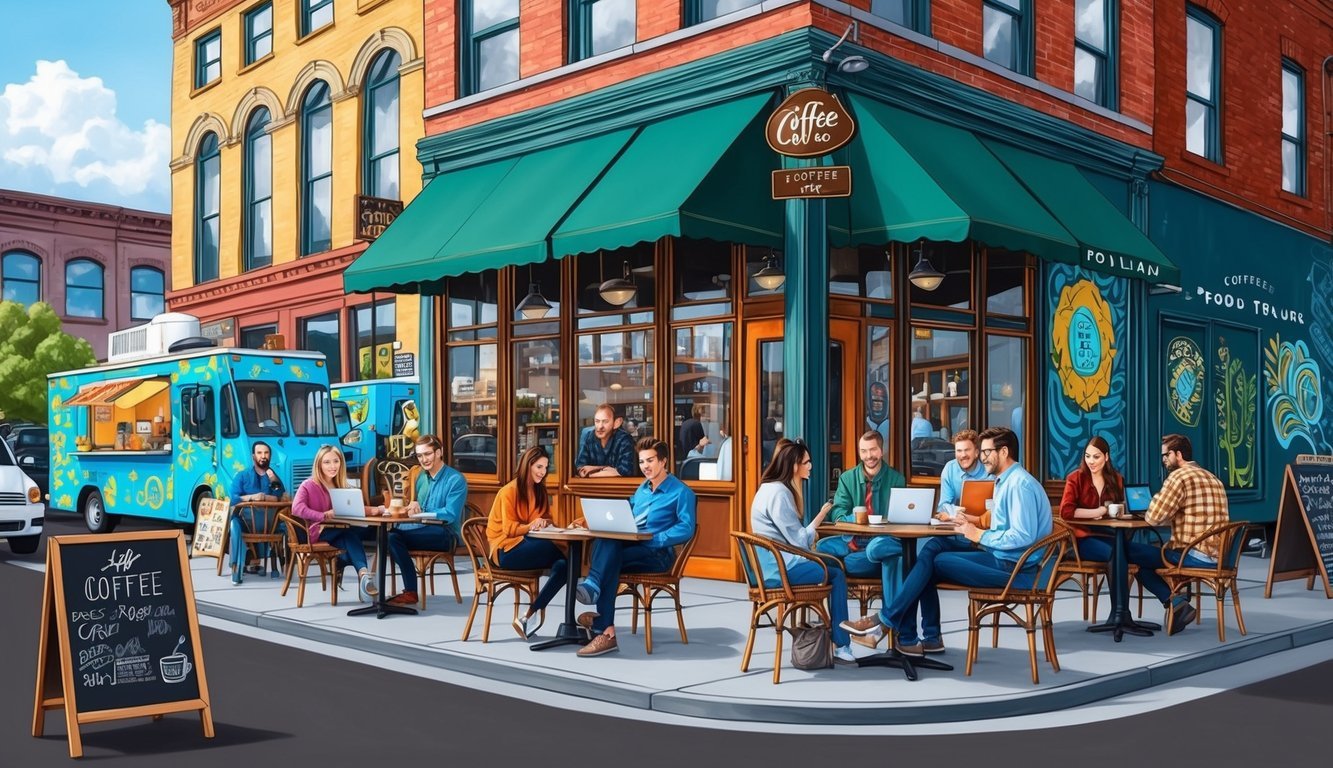 A bustling coffee shop with hip decor and laptop-toting patrons, surrounded by quirky street art and food trucks in downtown Portland