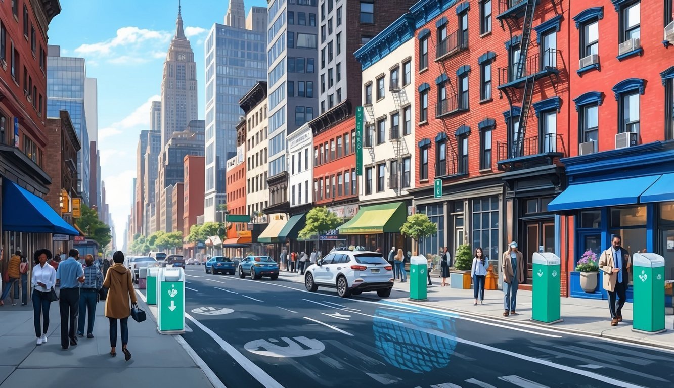 A bustling New York City street with diverse buildings and people, featuring safety measures like hand sanitizer stations and social distancing markers