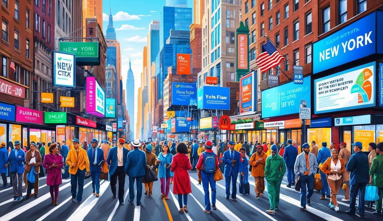A bustling New York City street with diverse people and various forms of communication, such as signs, billboards, and digital screens