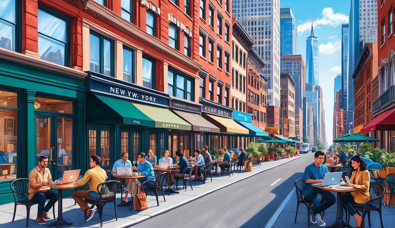A bustling New York City street with skyscrapers, coffee shops, and people working on laptops in outdoor cafes