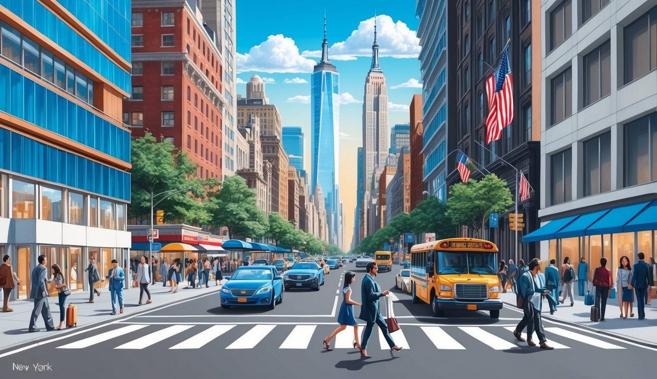 A bustling city street with iconic New York landmarks in the background, surrounded by modern buildings and people on the move