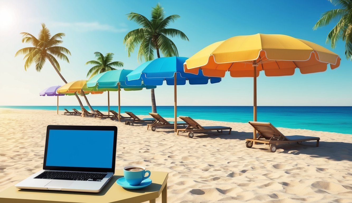 A sunny beach with a row of colorful umbrellas, a few palm trees, and a clear blue sky.</p><p>A laptop and a cup of coffee sit on a small table