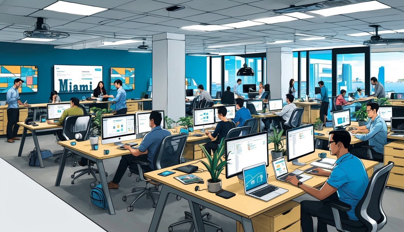 A bustling coworking space in Miami, filled with modern workstations and people collaborating.</p><p>High-speed internet and tech gadgets are visible throughout the space