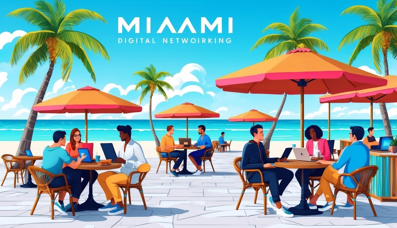 A vibrant Miami beach scene with digital nomads networking at a trendy outdoor cafe, palm trees swaying in the background