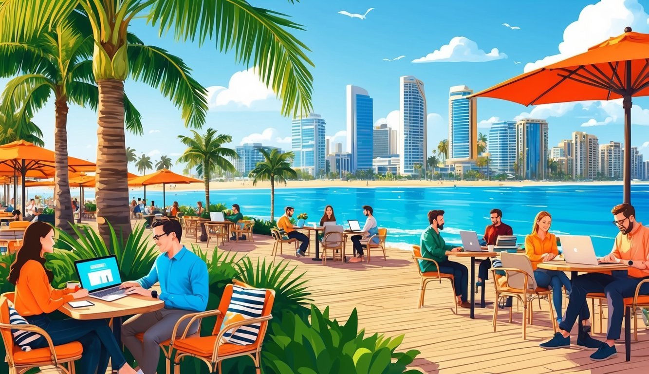 A vibrant cityscape with palm trees, beachfront cafes, and people working on laptops in outdoor coworking spaces