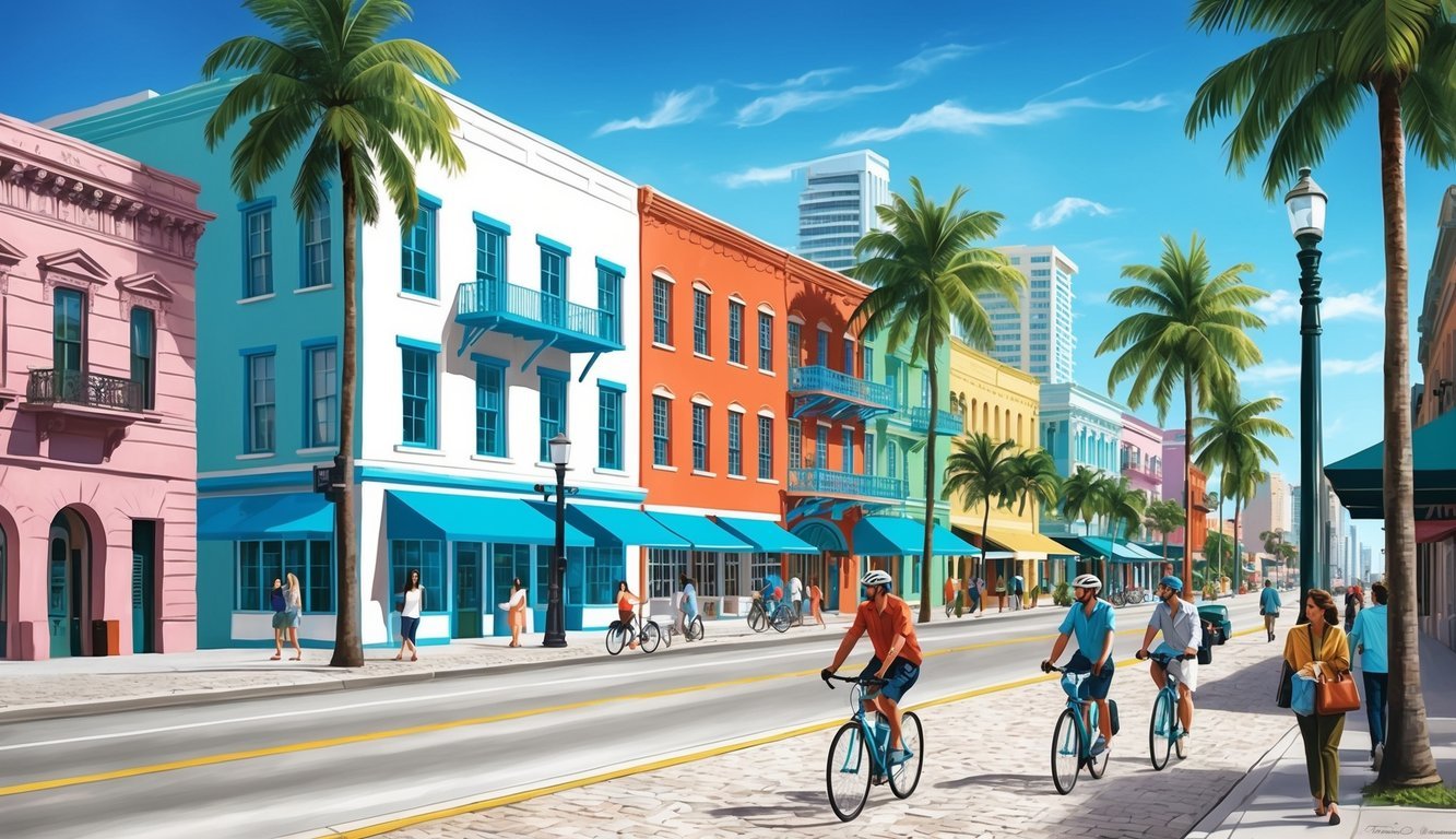 A bustling Miami street with colorful buildings, palm trees, and people walking and biking.</p><p>A mix of modern and historic architecture
