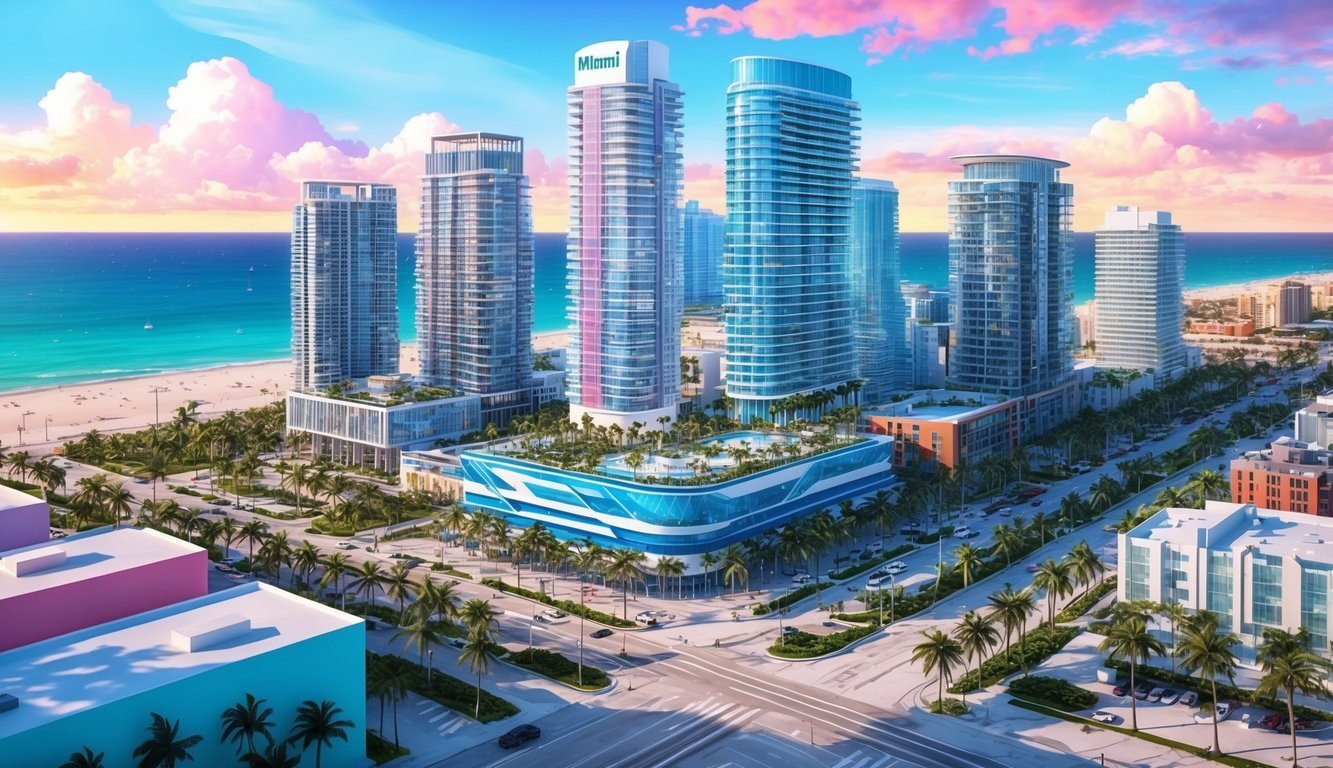 A vibrant Miami skyline with modern co-working spaces and palm-lined streets, surrounded by beaches and a bustling cityscape