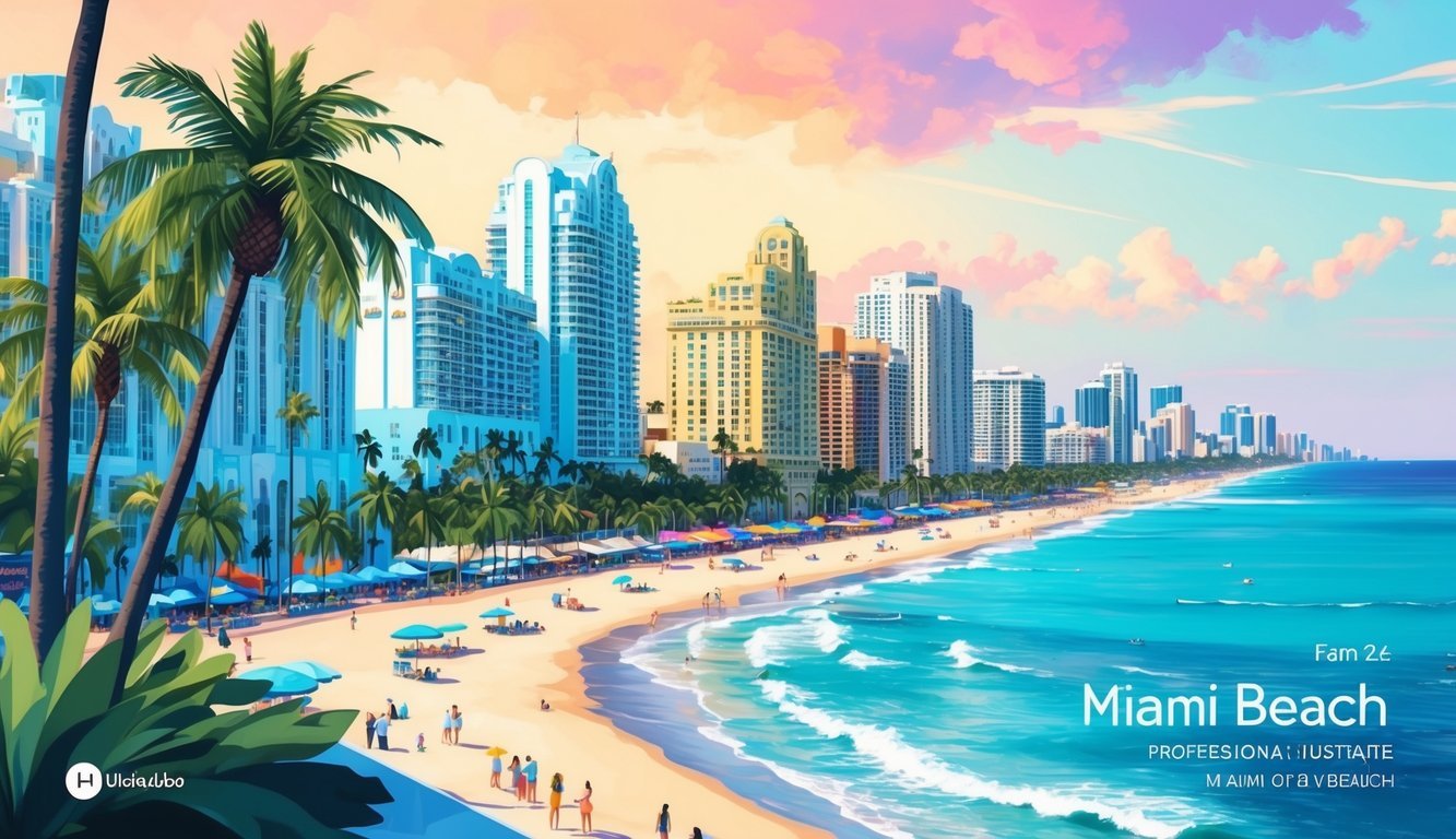 The vibrant cityscape of Miami Beach with palm trees, art deco buildings, and a bustling beachfront, perfect for digital nomads