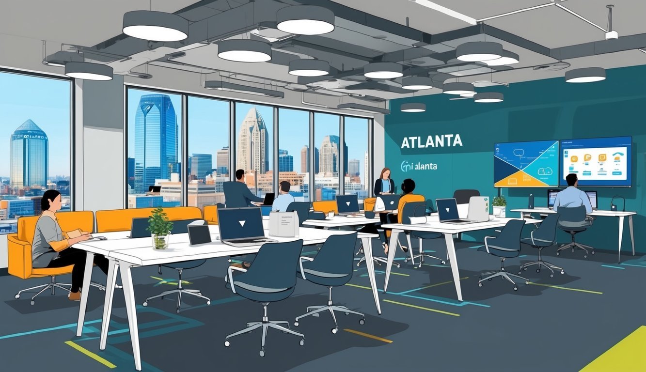 A modern co-working space in Atlanta, with sleek workstations, high-speed internet, and a vibrant atmosphere for digital nomads