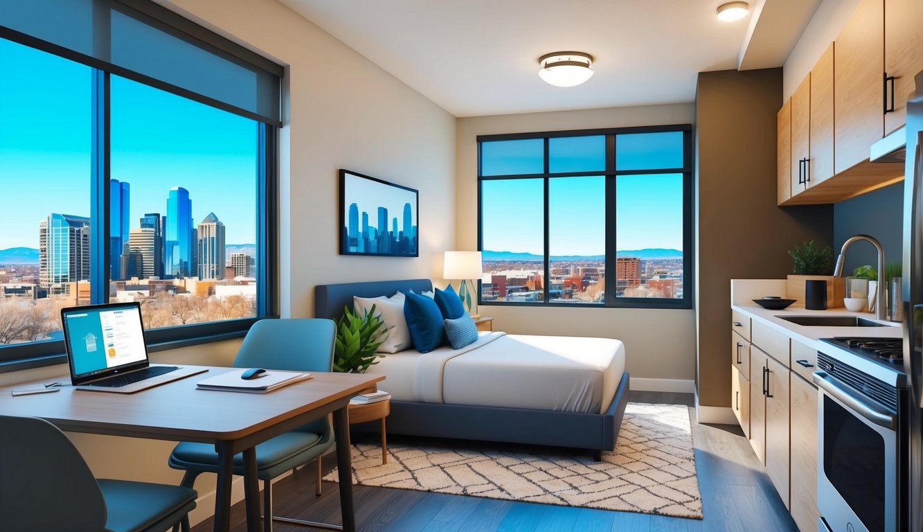 A cozy studio apartment with a modern workspace, high-speed internet, and a view of the Denver skyline.</p><p>A comfortable bed and a fully equipped kitchen complete the accommodations