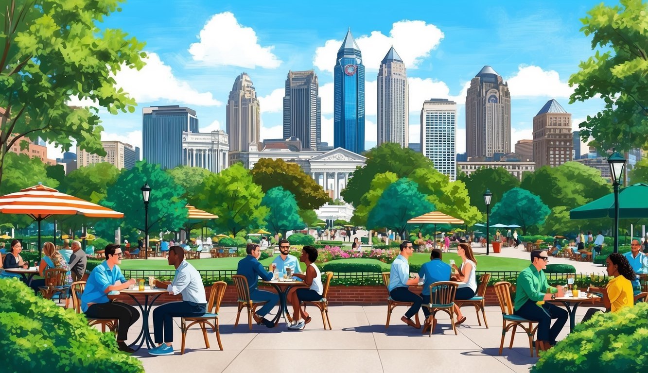 A sunny day in Atlanta, with people enjoying outdoor cafes and parks, surrounded by the city's iconic skyline and lush greenery