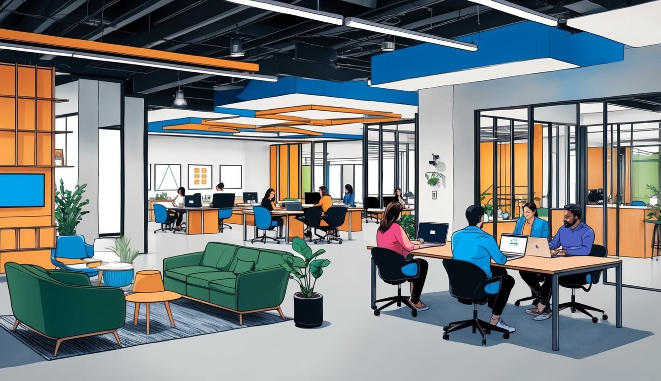 A bustling coworking space in Denver with modern decor, open workstations, and private meeting areas for digital nomads and remote workers