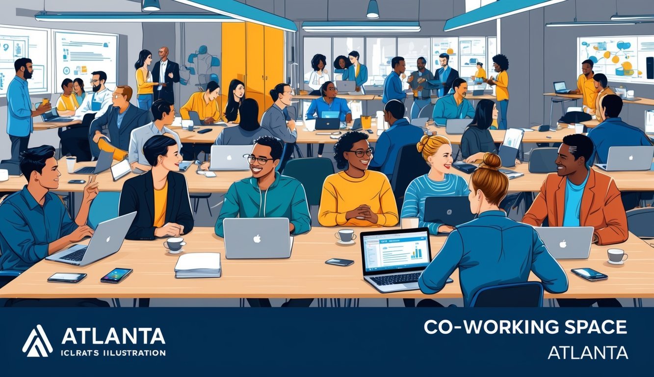 A bustling co-working space in Atlanta, with people networking, collaborating, and sharing ideas.</p><p>Laptops and coffee cups fill the tables, while a diverse group of digital nomads engage in conversation