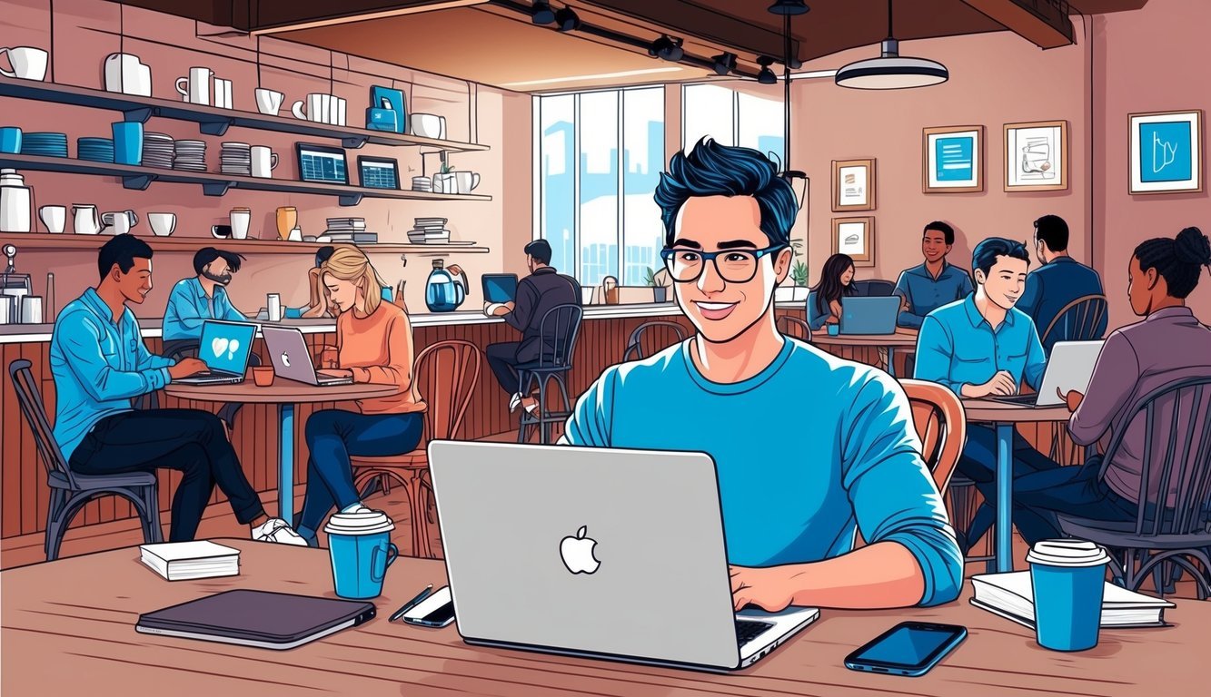 A digital nomad working on a laptop at a cozy coffee shop in Atlanta, surrounded by other freelancers and remote workers