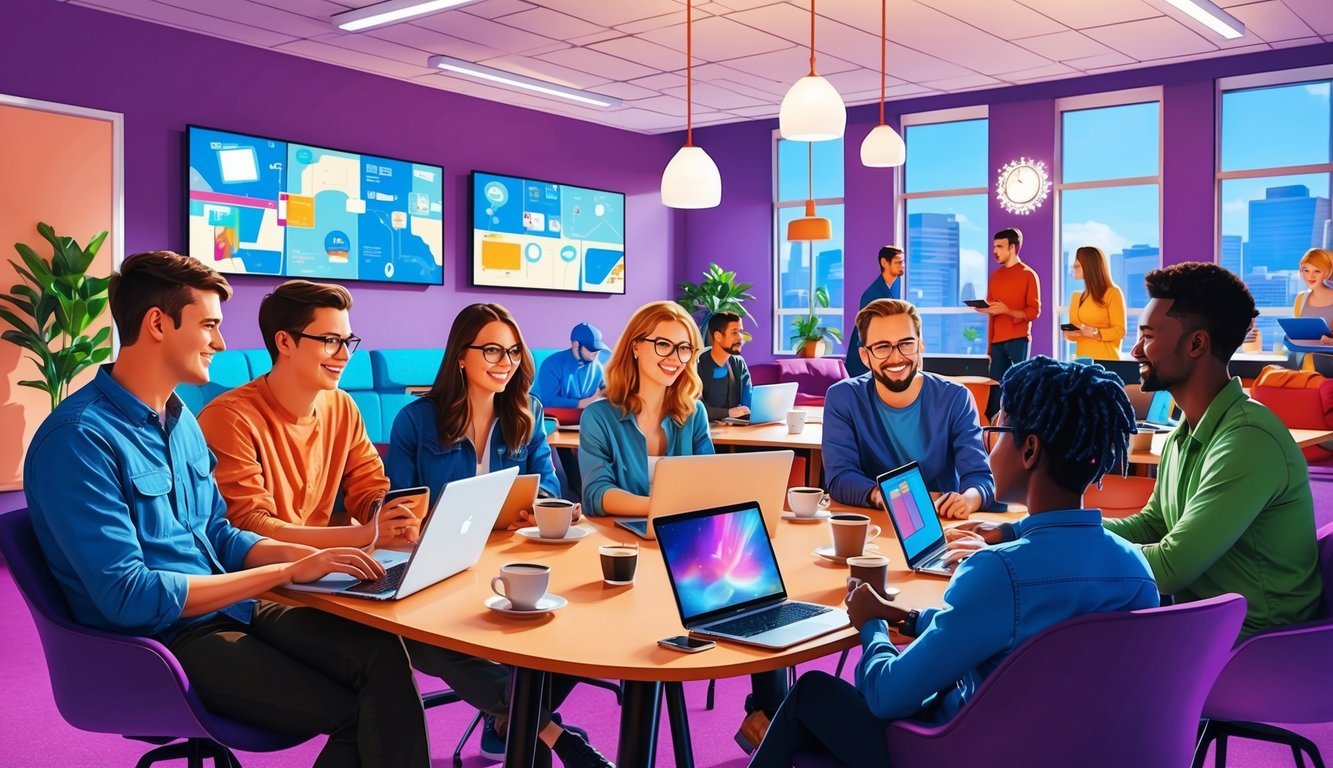 A group of digital nomads gather in a vibrant Denver coworking space, chatting and exchanging ideas over laptops and coffee