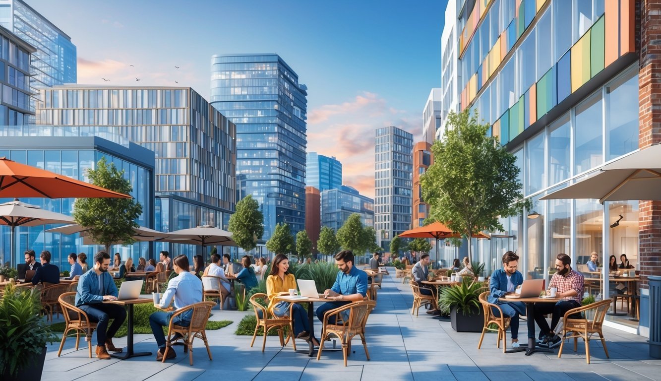A bustling cityscape with modern buildings, co-working spaces, and diverse individuals working on laptops in outdoor cafes