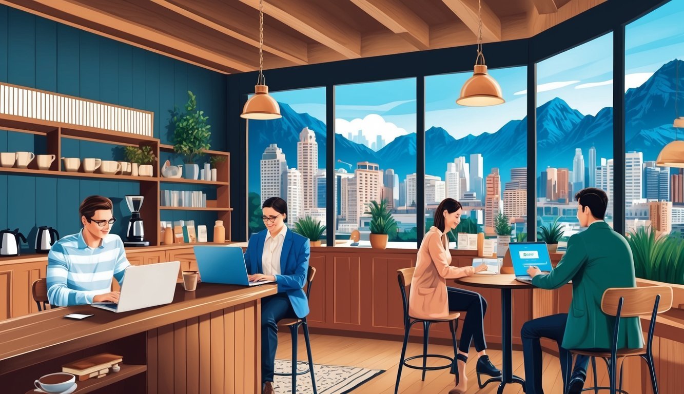 A cozy coffee shop with people working on laptops, surrounded by mountains and city skyline