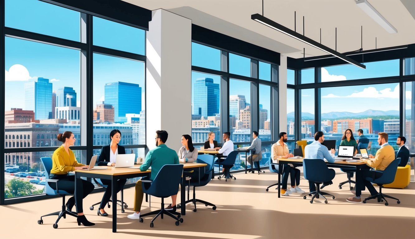 A bustling co-working space in downtown Denver, with people working at desks, chatting in small groups, and enjoying the city view from large windows