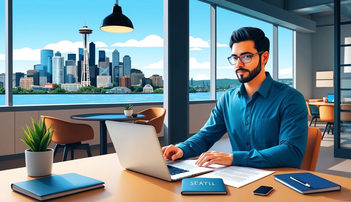 A digital nomad researching legal documents in a modern Seattle co-working space with a view of the city skyline