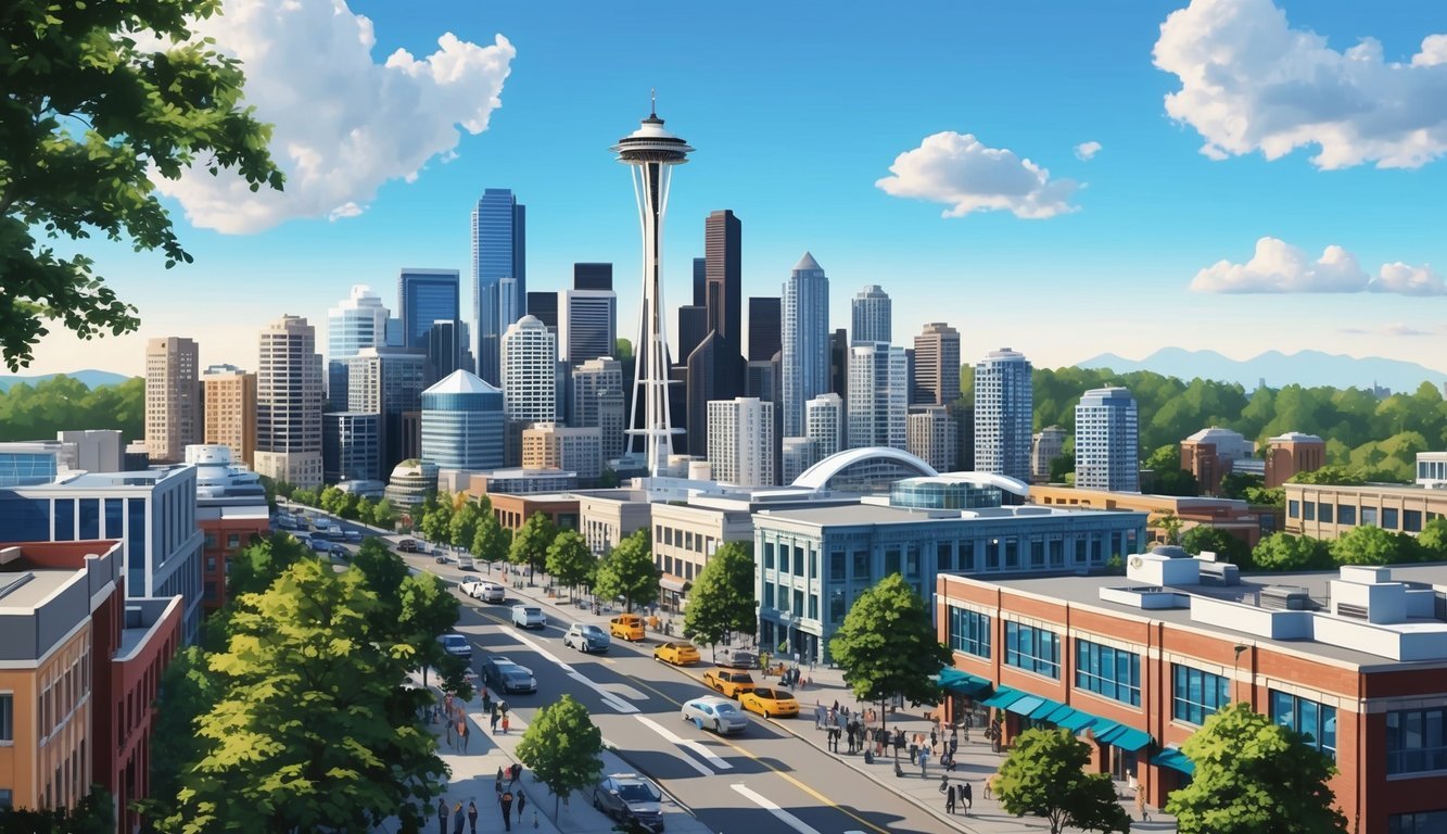 A bustling cityscape with modern skyscrapers, bustling streets, and a backdrop of lush greenery and the iconic Space Needle in Seattle's tech ecosystem